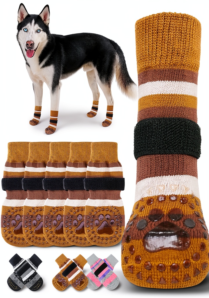 Installing KOOLTAIL Dog Paw Protectors Anti Slip Cotton Socks on a wooden floor
